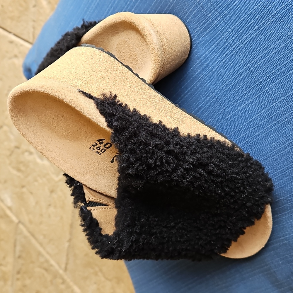Birkenstock PAPILLIO Namica Teddy Shearling Fur Wedge Mules Slides Black, Size 9